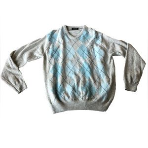 100% Lambswool Argyle Sweater V Neck Gleneagles Scotland Men’s Medium Blue Grey